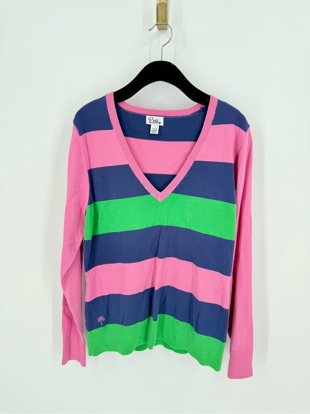 Lilly Pulitzer Pink Navy Green Striped V-Neck Sweater